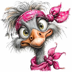 14 PNG Avestruz divertido – Pájaro de bufanda rosa PNG clipart – Animal de dibujos animados caprichoso para impresiones infantiles, arte infantil y proyectos de decoración extravagantes
