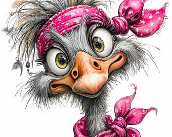 14 PNG Avestruz con pañuelo rosa, cabeza de emú divertida, arte de aves por sublimación
