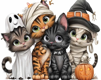 18 PNG Halloween Cats Clipart, Witch Ghost Mummy Design