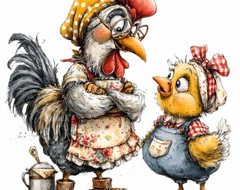 14 PNG Mother Hen and Chick Farmhouse Clipart, Rustic Poultry