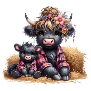 Vaca e bezerro das terras altas PNG Clipart | 12 Gado bonito das terras altas com coroa de flores | Ilustração de animal de fazenda para baixar