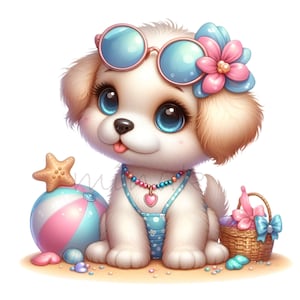 15 PNG Summer beach dog PNG – Cute puppy clipart with sunglasses and swimsuit – Kawaii animal art for kids crafts, stickers, sublimation