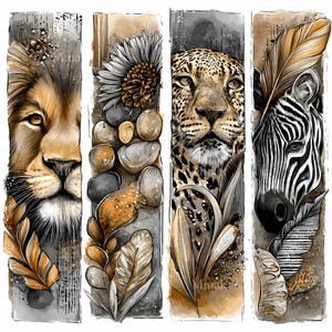 Puede incluir: Cuatro paneles verticales con ilustraciones de acuarela. Los paneles presentan un león, una flor con piedras, un leopardo y una cebra. Cada panel tiene un fondo diferente e incluye hojas y plumas.