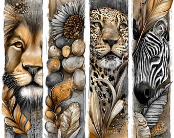 11 PNG Safari Animal Clipart, Lion Leopard Zebra, Neutral Jungle Illustration, Wildlife Digital Download