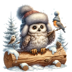15 PNG - Hibou d'hiver clipart - Oiseau mignon PNG - Hibou duveteux avec chapeau avec des amis pour cartes de Noël des bois, art et travaux manuels pour chambre d'enfant