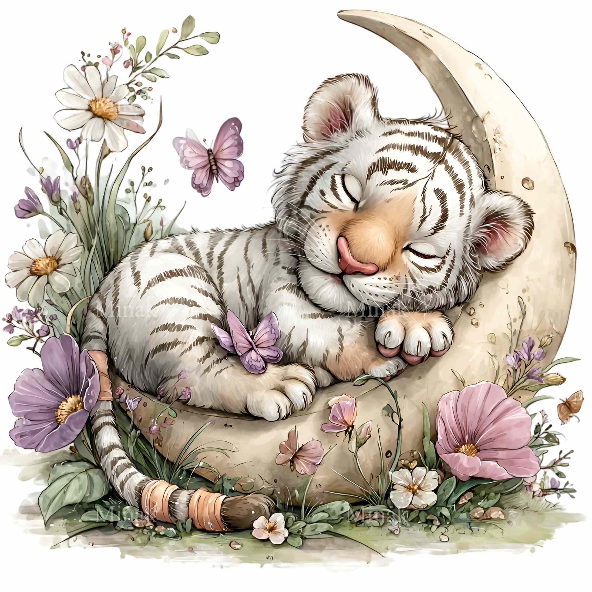 15 PNG Sleeping Tiger Cub – White Baby Tiger on Crescent Moon With ...