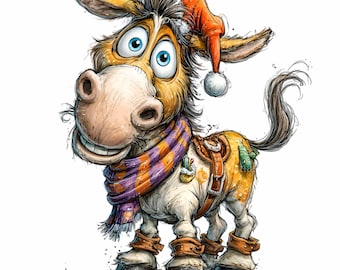 12 ânes de Noël PNG Clipart animal amusant pour les fêtes Chapeau de Père Noël Hiver Sublimation