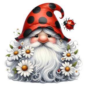 10 Coccinella Gnomo PNG Clipart - Carino Gnomo di Primavera con Margherite Download Digitale per Sublimazione e Artigianato