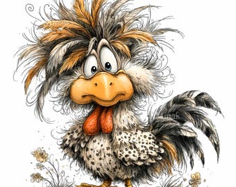 15 PNG de poulets de dessin animé amusants, plumes ébouriffées, oiseaux de ferme aux cheveux sauvages