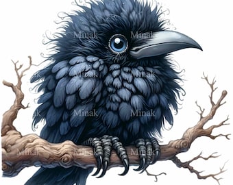 10 PNG Raven clipart - spooky crow - gothic bird illustration, Halloween decor design, witchcraft art, mystical animal drawing, DIY crafts