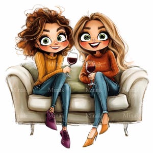 12 vrienden op de bank PNG-clipart - twee vrouwen met wijnglazen - leuke illustratie