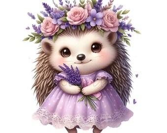 12 PNG Lavender Flower Hedgehog, Purple Floral Dress Clipart, Spring Rose Animal