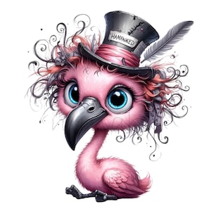 K&ouml;nnte beinhalten: Eine skurrile Illustration eines rosa Flamingos mit gro&szlig;en blauen Augen und einem schwarzen Schnabel. Der Flamingo tr&auml;gt einen Zylinder mit dem Wort "HAMANKED", ein rosa Band und eine Feder. Der Flamingo ist mit dekorativen Wirbeln verziert.