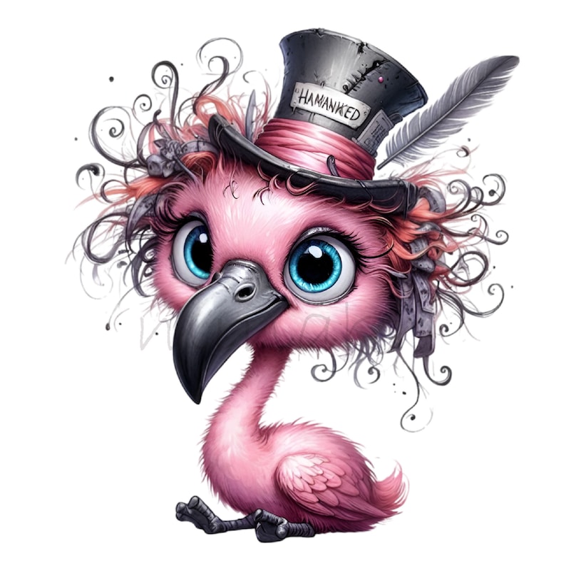K&ouml;nnte beinhalten: Eine skurrile Illustration eines rosa Flamingos mit gro&szlig;en blauen Augen und einem schwarzen Schnabel. Der Flamingo tr&auml;gt einen Zylinder mit dem Wort "HAMANKED", ein rosa Band und eine Feder. Der Flamingo ist mit dekorativen Wirbeln verziert.