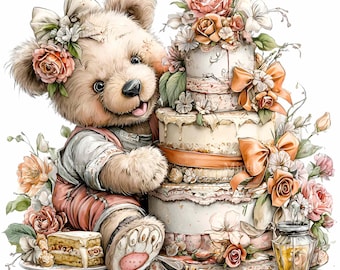 15 PNG Bear Rose Cake Birthday, Ribbon Animal Floral Sublimation Art