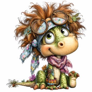 15 PNG Cute dinosaur – Funny dino PNG clipart – Whimsical cartoon reptile with flowers for kids crafts, nursery art and birthday decor