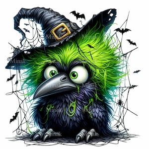 15 Clipart PNG de sorcière corbeau - corbeau mignon velu vert et noir avec chapeau de sorcier et toiles - téléchargement numérique Halloween