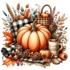 Puede incluir: Una ilustraci&oacute;n de tem&aacute;tica oto&ntilde;al con una calabaza naranja grande, una calabaza naranja m&aacute;s peque&ntilde;a, una manta a cuadros, una cesta con una calabaza marr&oacute;n y naranja, una taza con un patr&oacute;n marr&oacute;n y blanco, y una variedad de follaje oto&ntilde;al, incluyendo hojas, pi&ntilde;as y trigo.