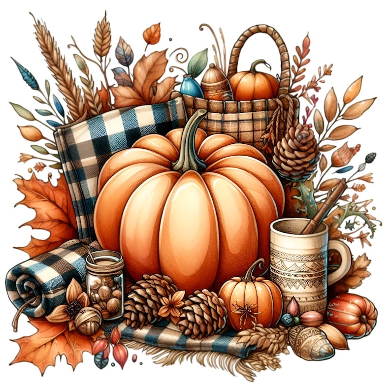 Puede incluir: Una ilustraci&oacute;n de tem&aacute;tica oto&ntilde;al con una calabaza naranja grande, una calabaza naranja m&aacute;s peque&ntilde;a, una manta a cuadros, una cesta con una calabaza marr&oacute;n y naranja, una taza con un patr&oacute;n marr&oacute;n y blanco, y una variedad de follaje oto&ntilde;al, incluyendo hojas, pi&ntilde;as y trigo.