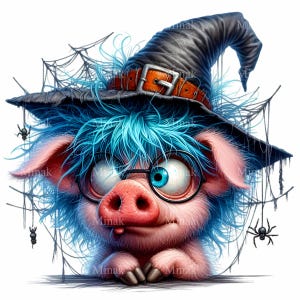 14. Cerdo brujo PNG Clipart - Lindo cerdo peludo azul con gafas, sombrero de mago y arañas - Descarga digital de Halloween