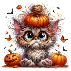 15 lindos gatos de Halloween PNG clipart con sombrero de calabaza y gafas, gatito de otoño con calabazas linternas, descarga digital