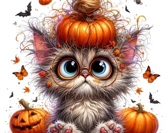 15 imagens PNG de gato de Halloween com abóbora, coque bagunçado e óculos.