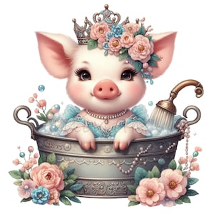 10 PNG Royal Pig Tub Clipart, Princess Piglet Floral Bathtub, Fancy Farmhouse