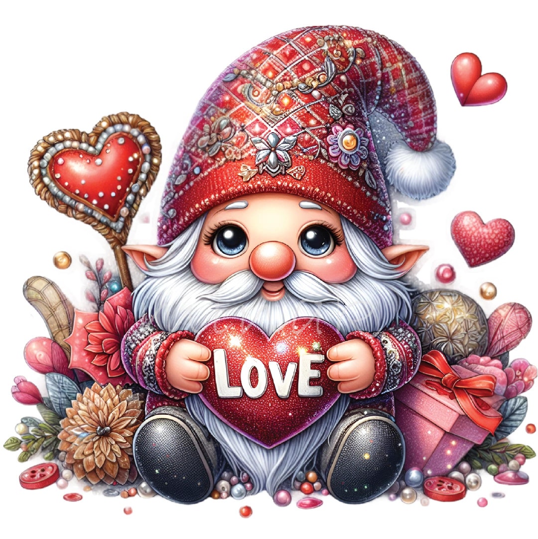 Valentine Gnome Clipart, 10 PNG Gnome Heart Clip Art, Printable ...