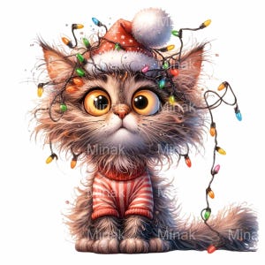 15 Clipart PNG drôle de chat de Noël avec le bonnet de Noel et les lumières, chaton pelucheux de vacances en pyjama, téléchargement numérique d'animal de compagnie mignon