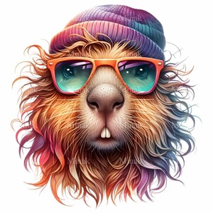 12 coole capibara-clipart png, hipster-capibara met zonnebril en muts, leuke dierenkunstprint