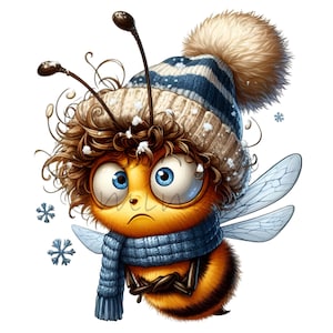 12 Zimowa pszczoła Clipart PNG | Uroczy trzmiel z czapką i szalikiem | Sztuka owadów sezonu śnieżnego | Zabawny projekt ilustracji zimnej pszczoły