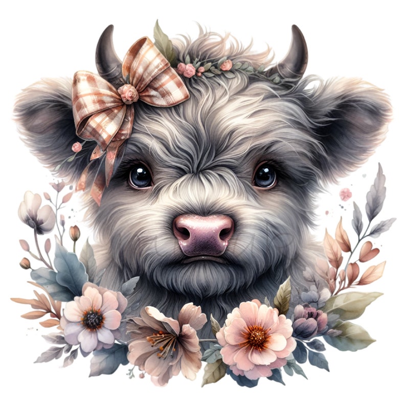 May include: A fluffy white Highland cow calf with a brown and white bow tied around its horns. The calf is wearing a floral crown and is surrounded by pink and white flowers.