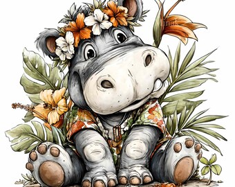 15 tropische Nilpferd-Blumenkronen (PNG), florale Shirt-Sublimationskunst für Sommer und Strand