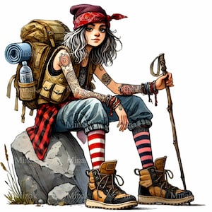 12 imágenes PNG de chicas excursionistas con mochila, tatuajes, pañuelo y bastón: arte digital de aventura para descargar