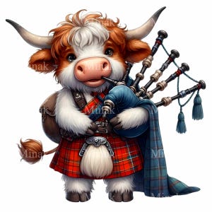 Scottish Highland Cow Playing Bagpipes Clipart, 12 Cute Tartan Cow Illustration, Adorable Scottish Cow Digital PNG Art
