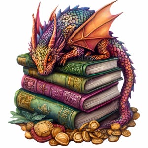 12 Dragones Mágicos en Libros PNG Clipart – Dragón de Biblioteca de Fantasía con Monedas de Oro – Arte Digital de Tesoros Místicos de Libros