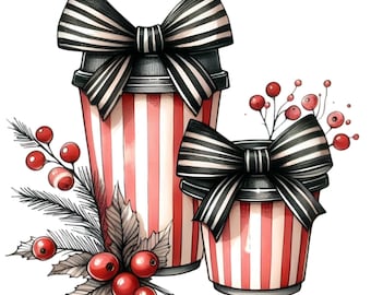 15 Christmas Coffee Cups PNG Striped Bow Mug Clipart Digital Download