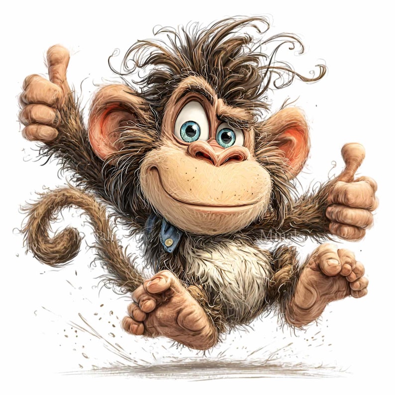 May include: A cartoon illustration of a brown monkey with messy hair, blue eyes, and a smiling expression. The monkey is giving two thumbs up, with a blue collar and a white background.