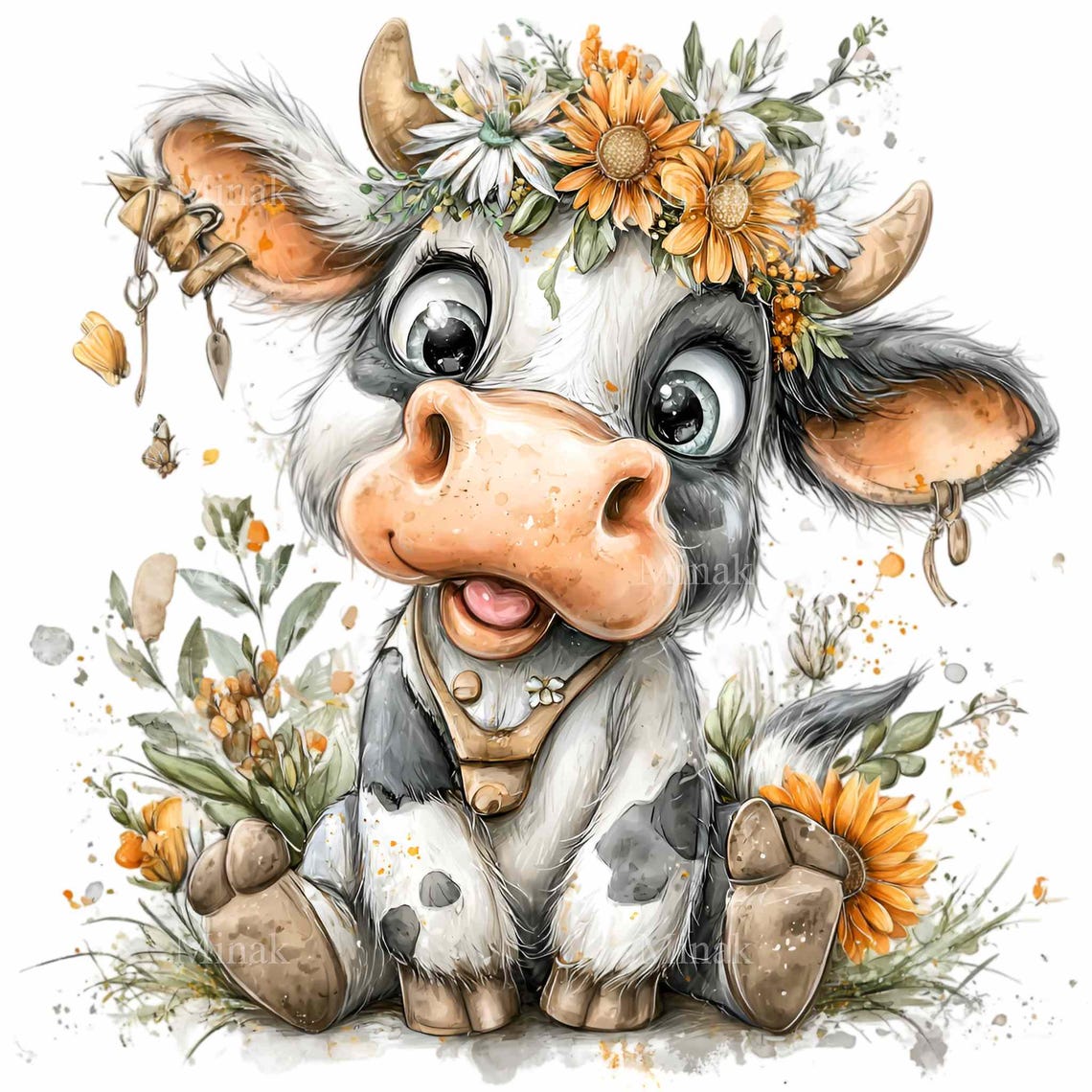15 PNG Cow Clipart Floral Illustration, Watercolor Baby Farm Animal for ...