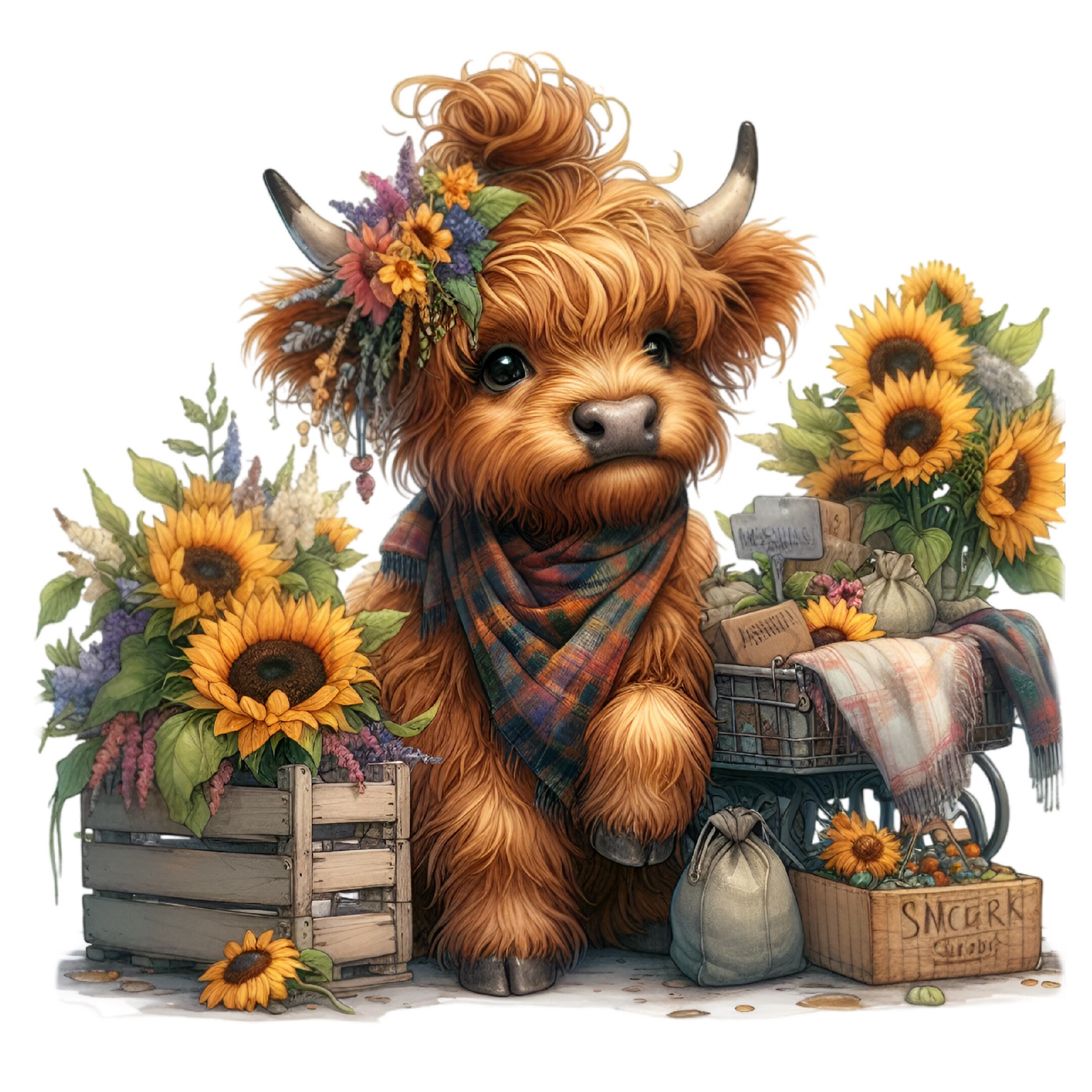 15 PNG Highland Cow Clipart, Sunflower Farm Animal Illustration Rustic ...