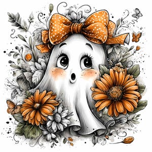 May include: A cute cartoon ghost with a large orange polka-dot bow, surrounded by orange and white flowers, green leaves, and butterflies. The ghost has rosy cheeks and wide eyes, creating a whimsical and charming design. Perfect for Halloween or a cute themed design.