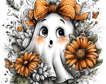 10 PNG Floral Ghost Clipart, Halloween Bow Spooky Fall Flower Sketch