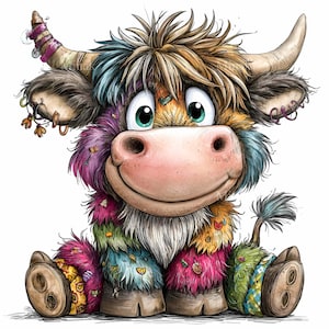 May include: A whimsical cartoon illustration of a Highland cow with a colorful, patchwork design. The cow has large, expressive eyes, a pink nose, and a wide smile. Its fur is a mix of colors, including pink, blue, green, and yellow.