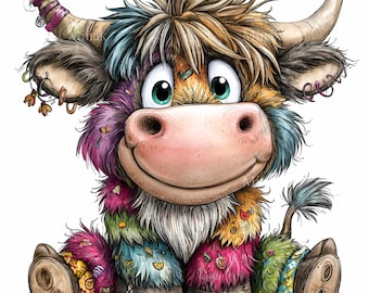 10 bunte Highland Kuh Clipart - Süßes Funky Kalb - Für Bauernhaus Dekor, Aufkleber, Scrapbooking, Kartenherstellung & digitale Planer Designs