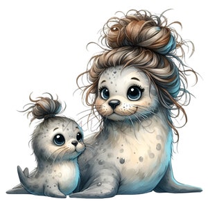 12 PNG Maman et bébé phoque - Clipart PNG mignon phoque - Adorable animal pour enfants, créations artisanales, autocollants, oeuvre d'art pour chambre d'enfant et invitations