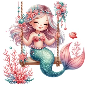 10 cliparts PNG sirène mignonne, sirène fantastique sur la balançoire avec perles et coraux, art numérique adorable océan pour sublimation
