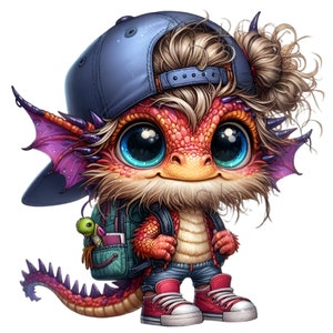 May include: A red and orange dragon with blue eyes wearing a blue baseball cap, a green backpack, blue jeans, and red sneakers. The dragon has a light brown mane and a purple tail.