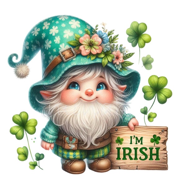 Irish Clipart, Gnome Clip Art, 12 PNG Watercolor St Patrick's Day Clover Shamrocks, Junk Journal, Printable Nursery Room, DIY Card Making