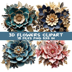 Imágenes Prediseñadas de flores 3D, sublimación floral de 18 PNG para Tumbler y manualidades imprimibles