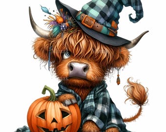 16 vacas de las Tierras Altas con calabaza de Halloween PNG, sombrero de bruja a cuadros para sublimación, imágenes prediseñadas de otoño